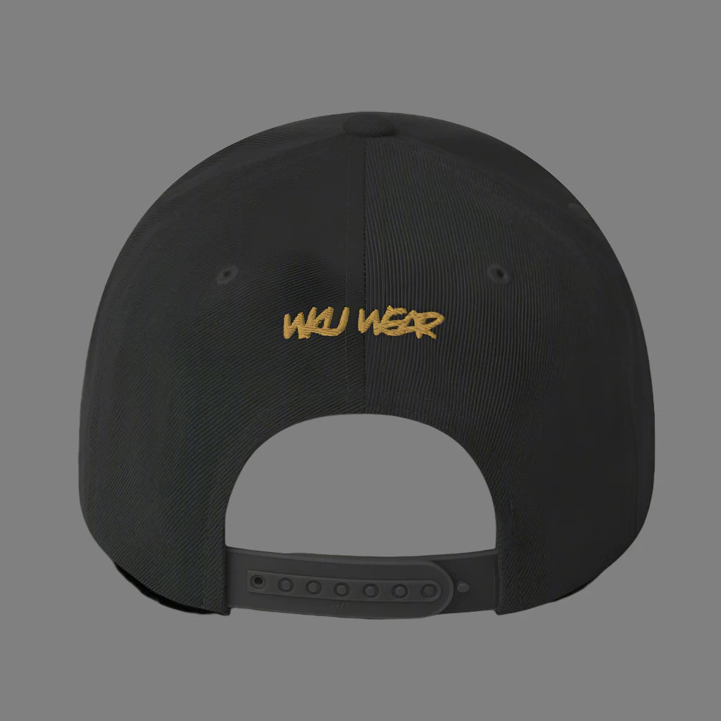 Black cap with gold logo on a white background